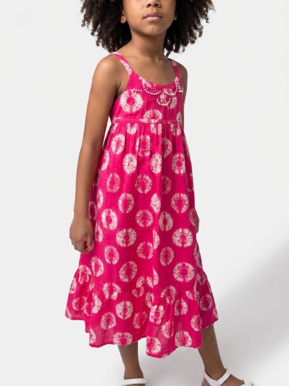 Calyso St. Barth x Target Poplin Cotton Beaded Tie Dye Maxi Sundress, Ruffle Hem